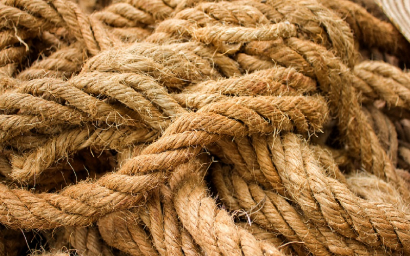 Yarns are twisted into twine, which ultimately braided into coir ropes